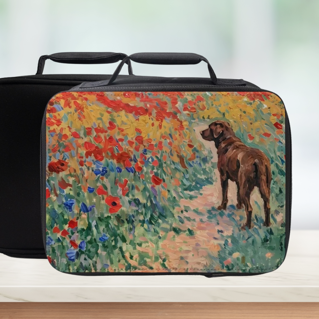 Rectangular lunch bag with a chocolate lab dog and floral design on a white background