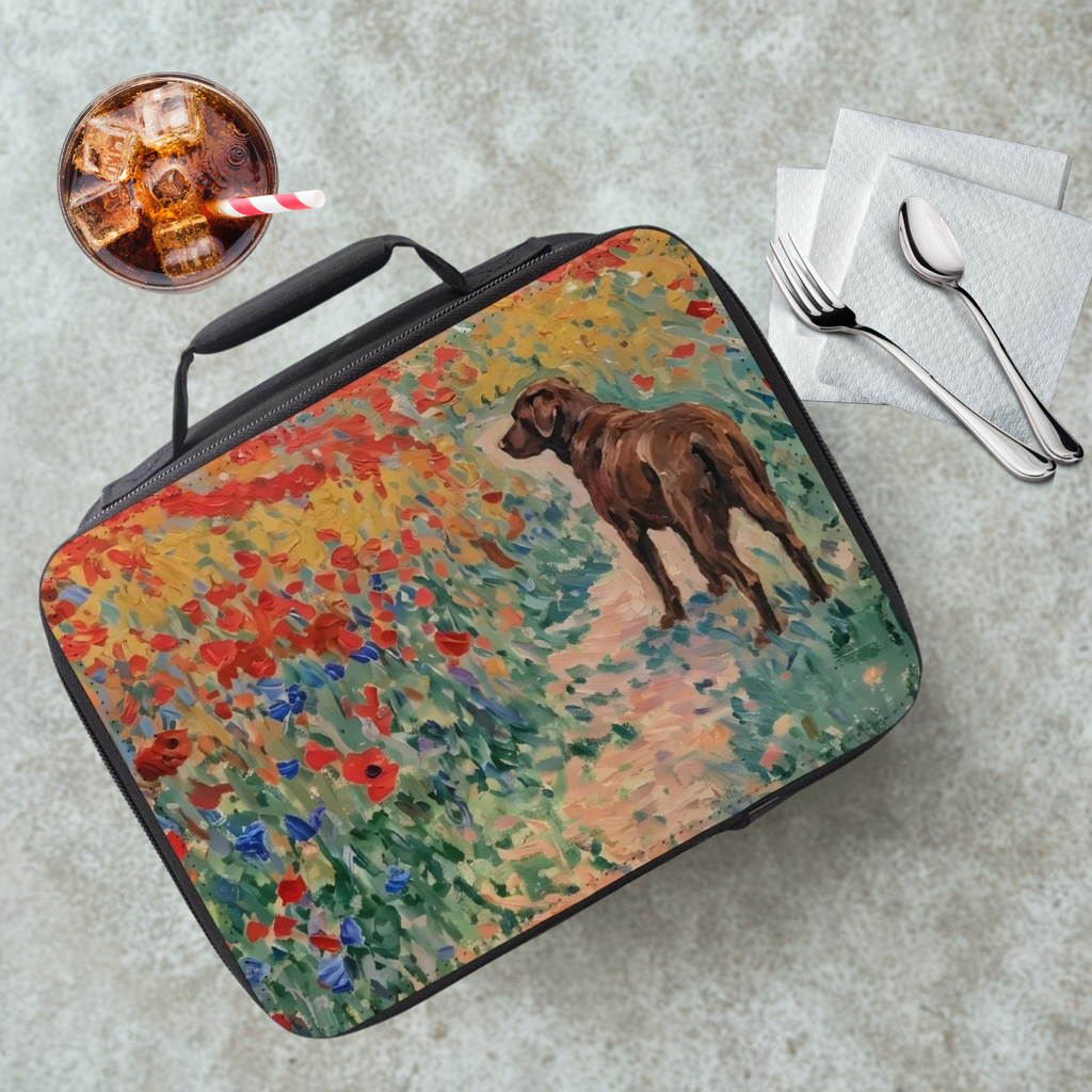 Lunch bag with a dog and flowers design on a table with a drink and utensils.