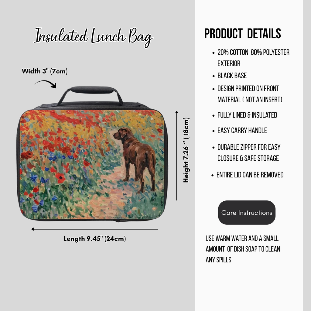 Insulated lunch bag with dog and floral design, featuring product details on a gray background.