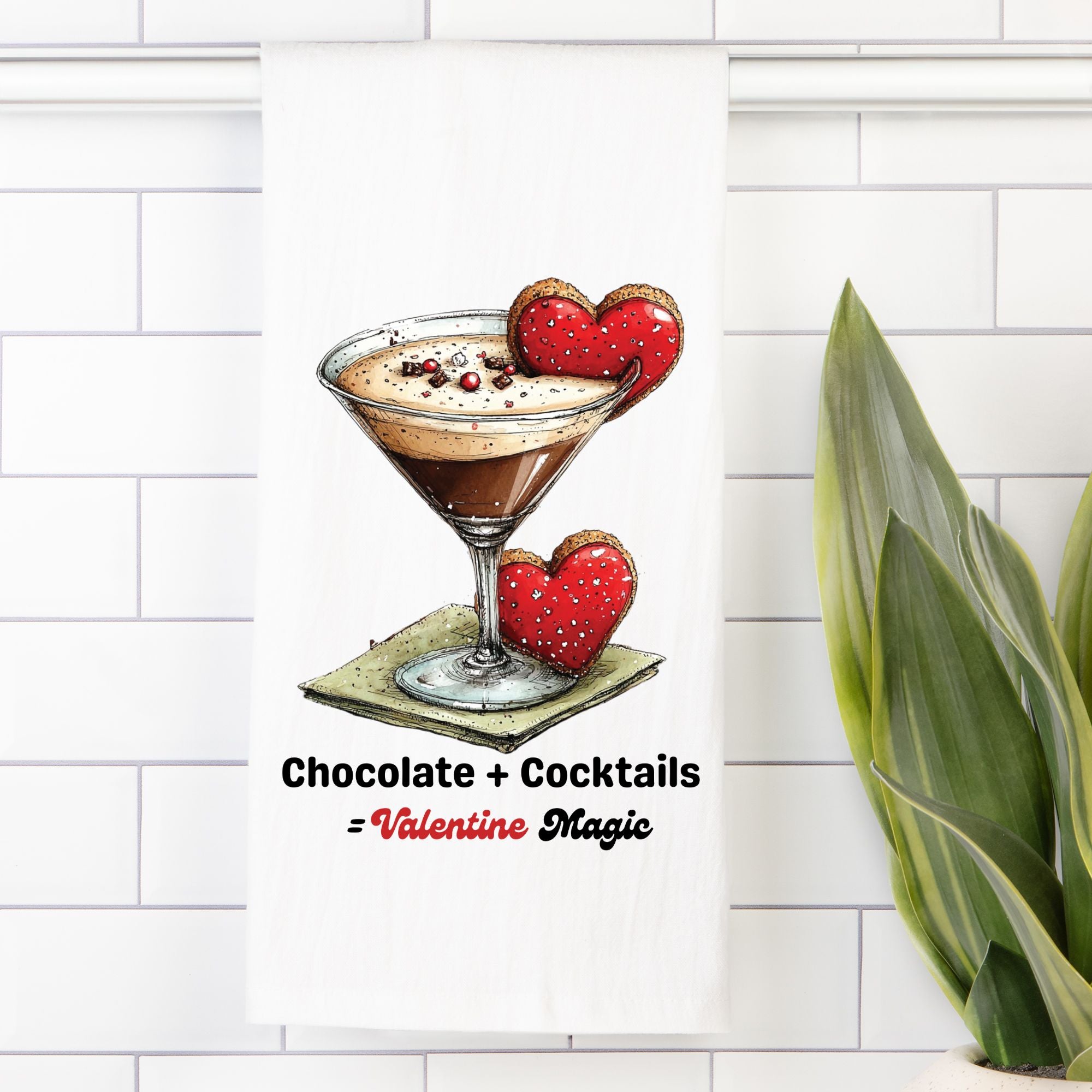 Tea towel with Illustration of a cocktail with heart-shaped red candies on a white tiled wall background.