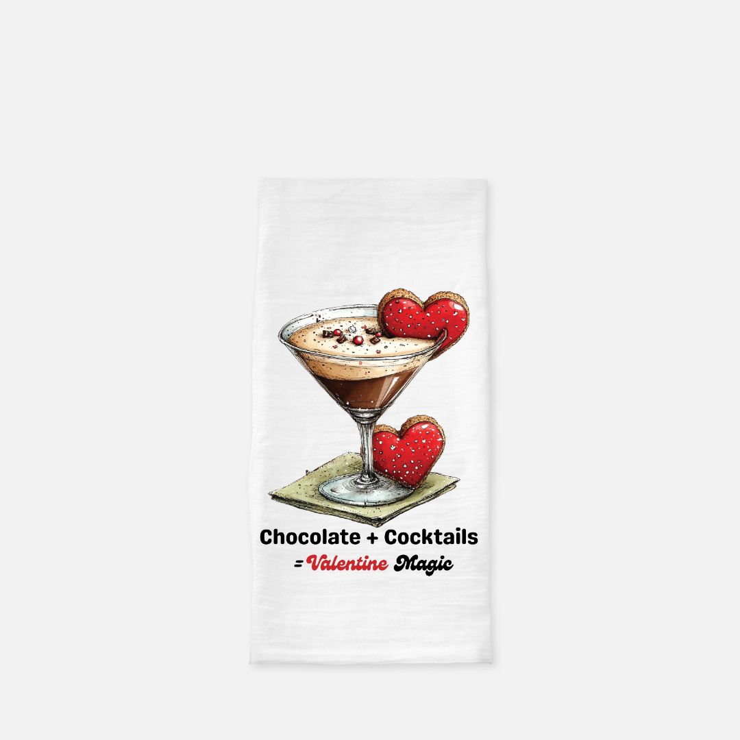 Tea towel with a chocolate cocktail design and text on a white background