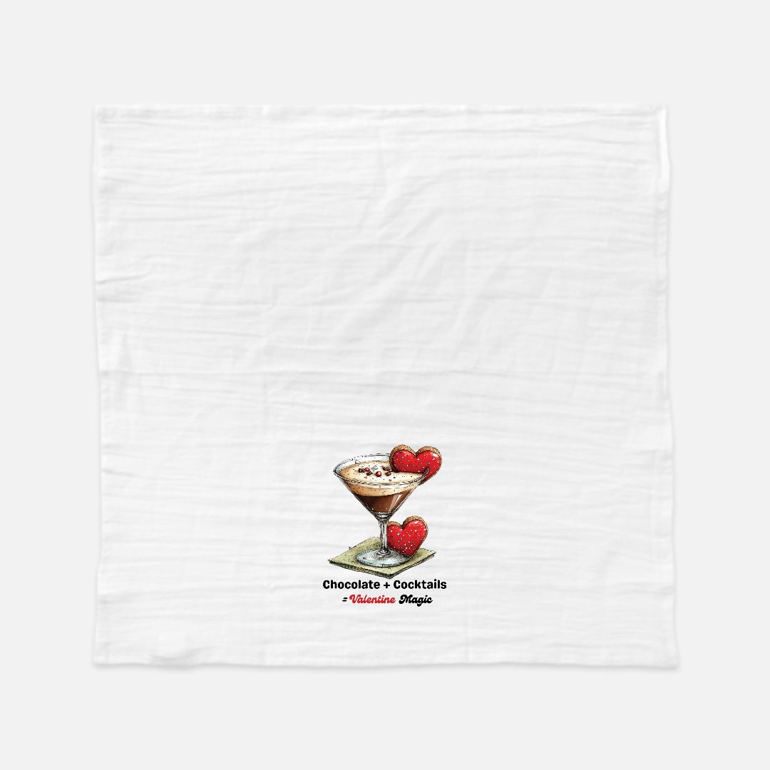 Valentine-themed towel with a martini glass and heart design on a white background
