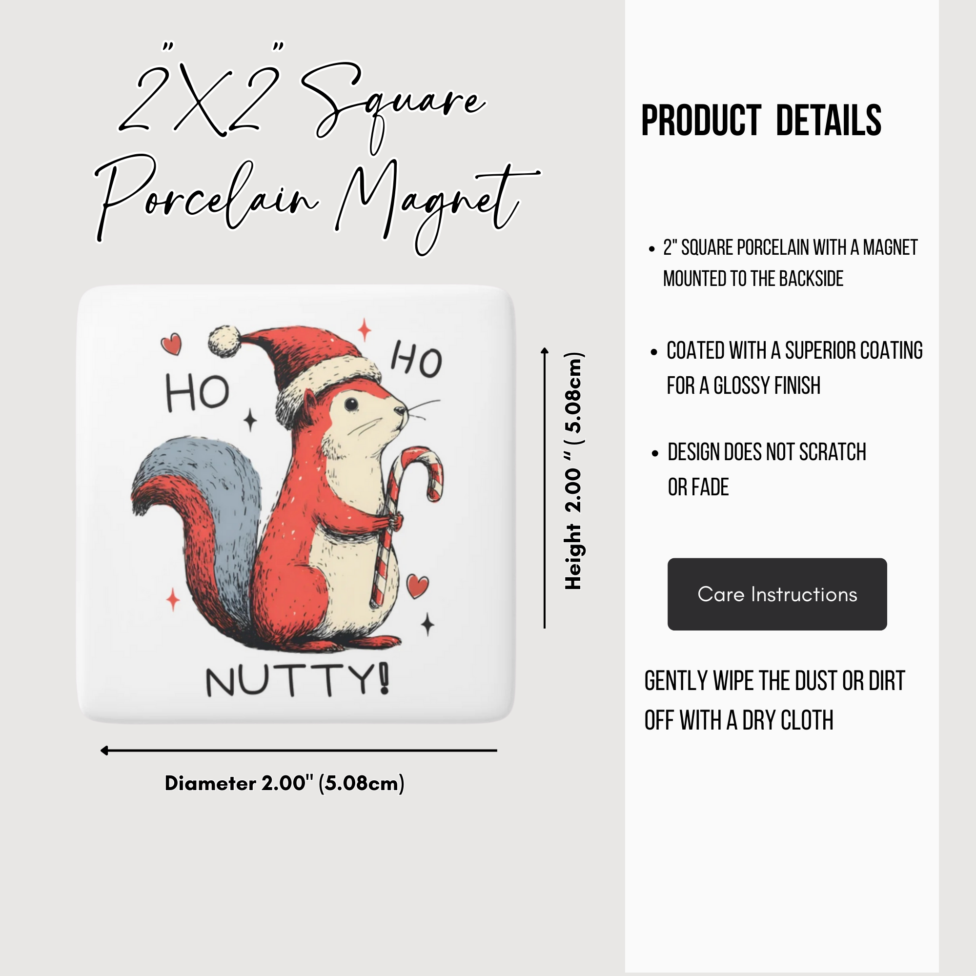 2x2 square porcelain magnet with a Christmas-themed squirrel design on a white background.