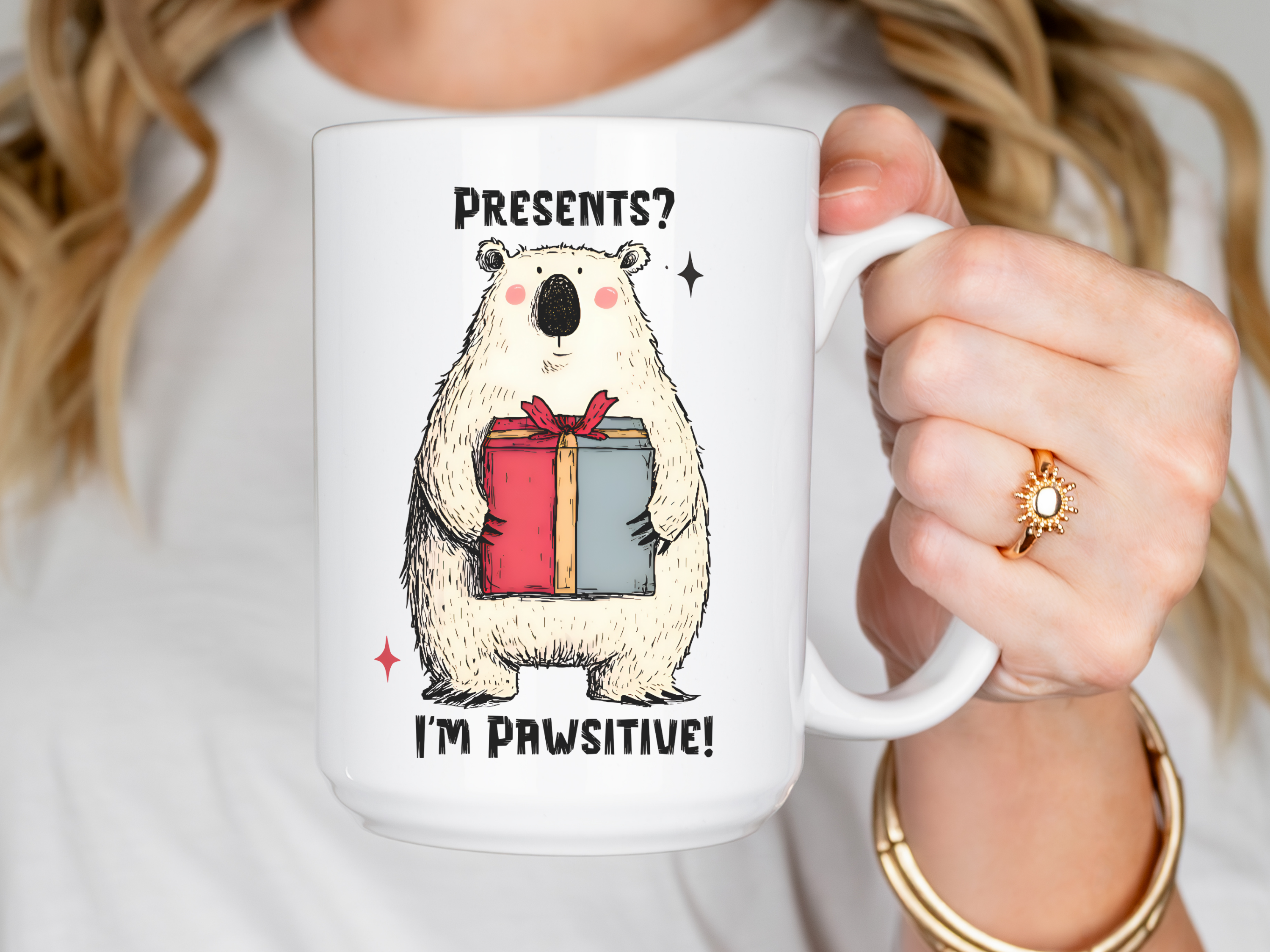 Christmas Bear Presents I'm Pawsitive Mug Deluxe 15oz.