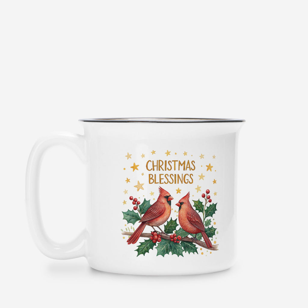 White mug with Christmas design featuring cardinals and holly, text 'Christmas Blessings'.