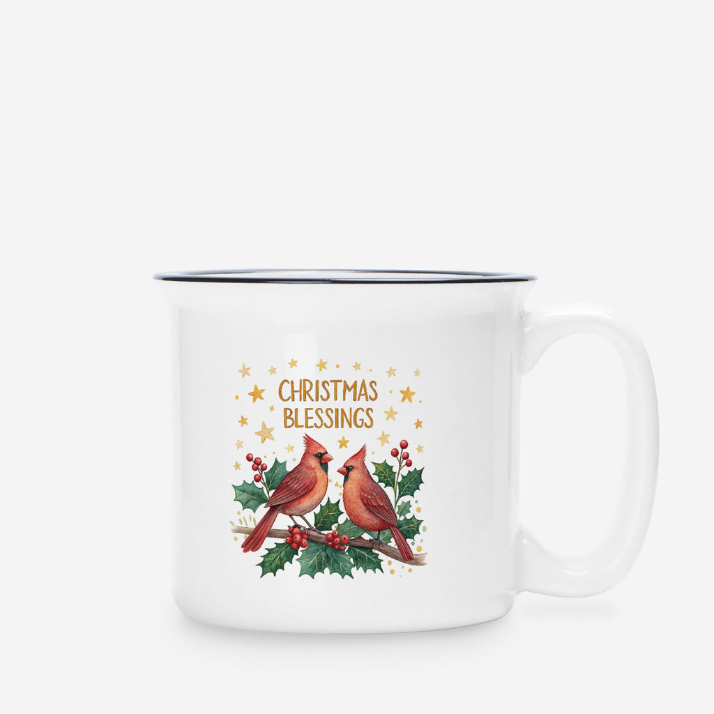 White mug with Christmas cardinals and 'Christmas Blessings' text on a white background