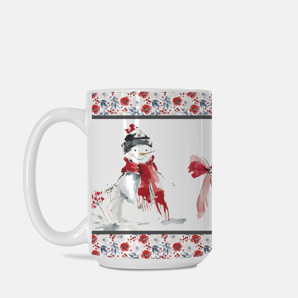 Mug with a snowman design and floral patterns on a white background