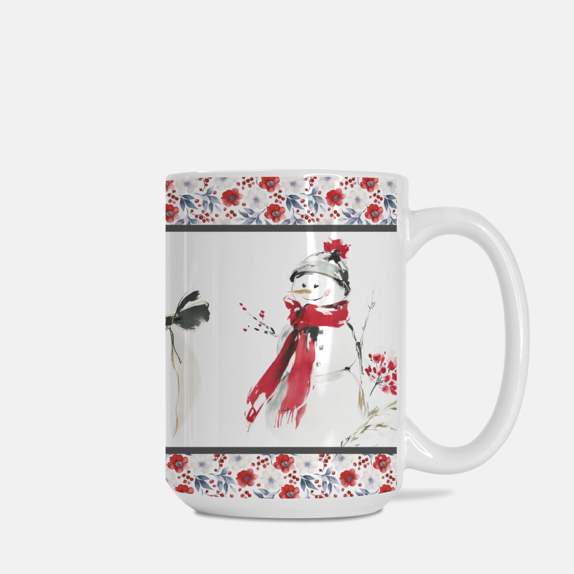 Mug with a snowman design and floral patterns on a white background