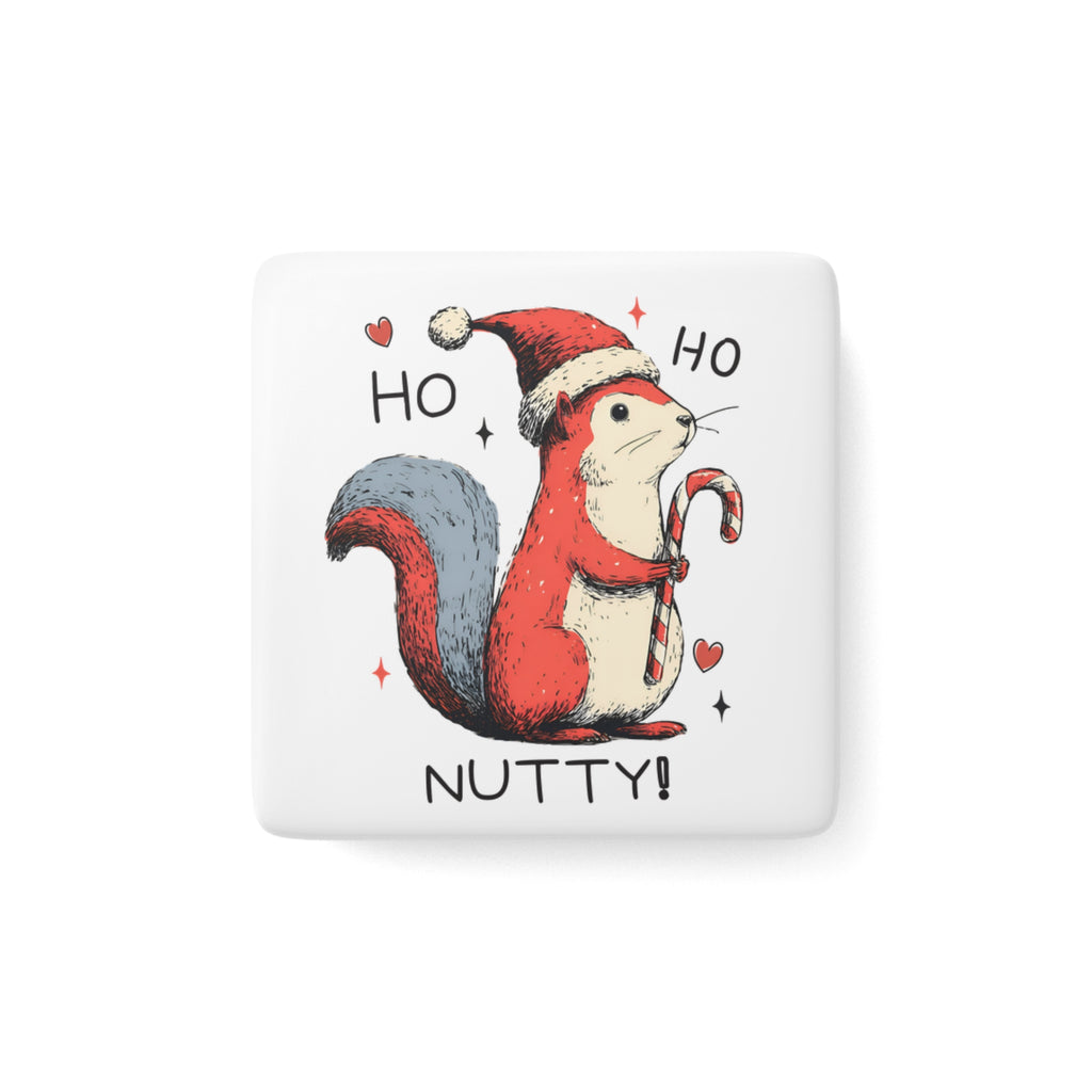Squirrel wearing a Santa hat with 'Ho Ho Nutty!' text on a white background