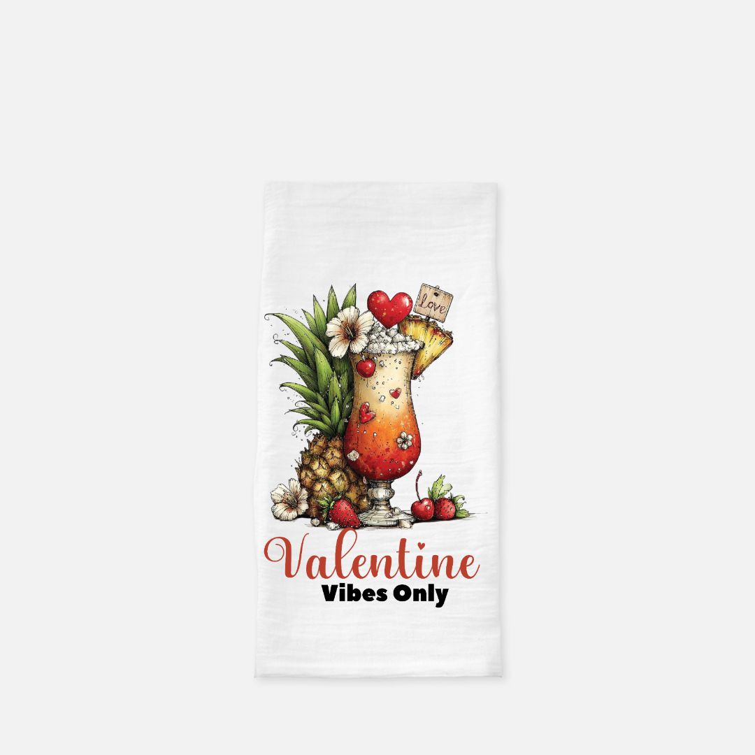 Valentine-themed towel with a cocktail and pineapple design on a white background