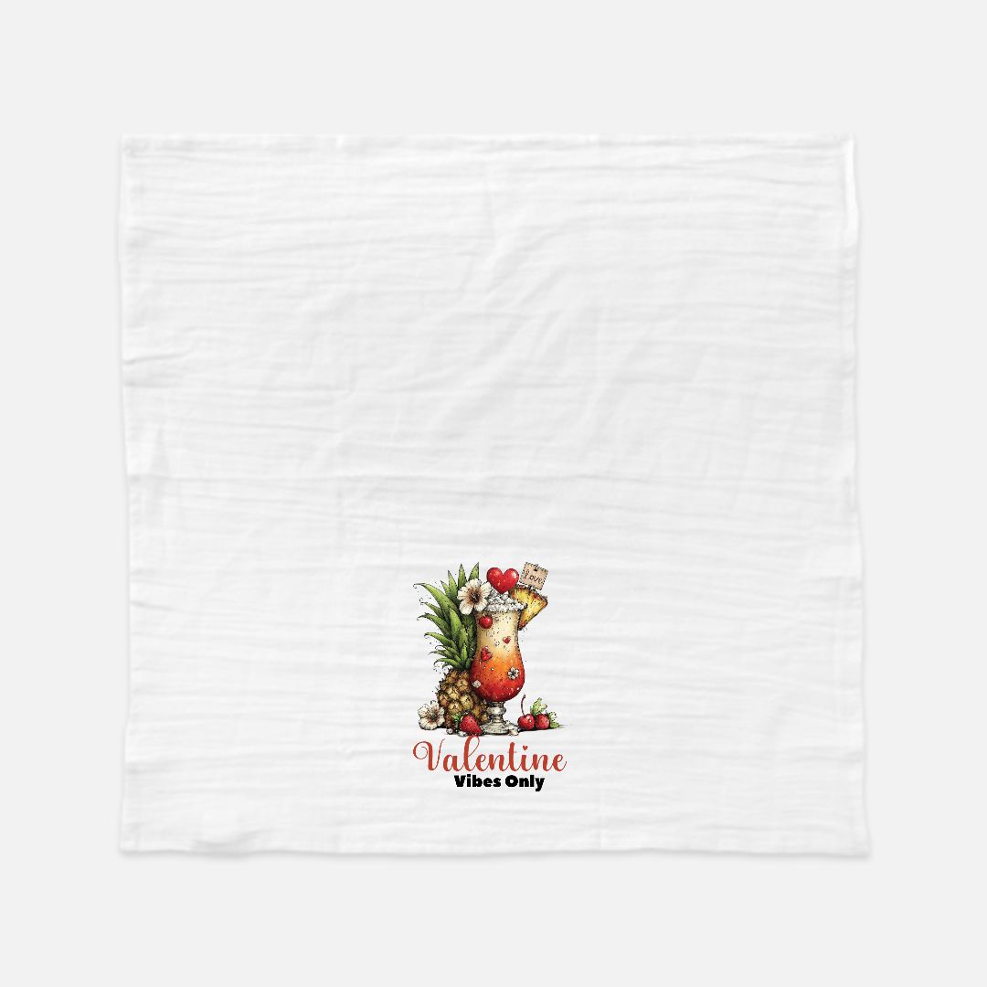 Valentine-themed design tea towel with pineapples and flowers on a white background