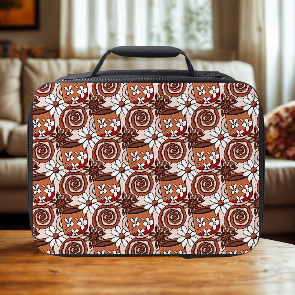  insulated lunch bag with brown and white  pattern on a wooden table in a living room