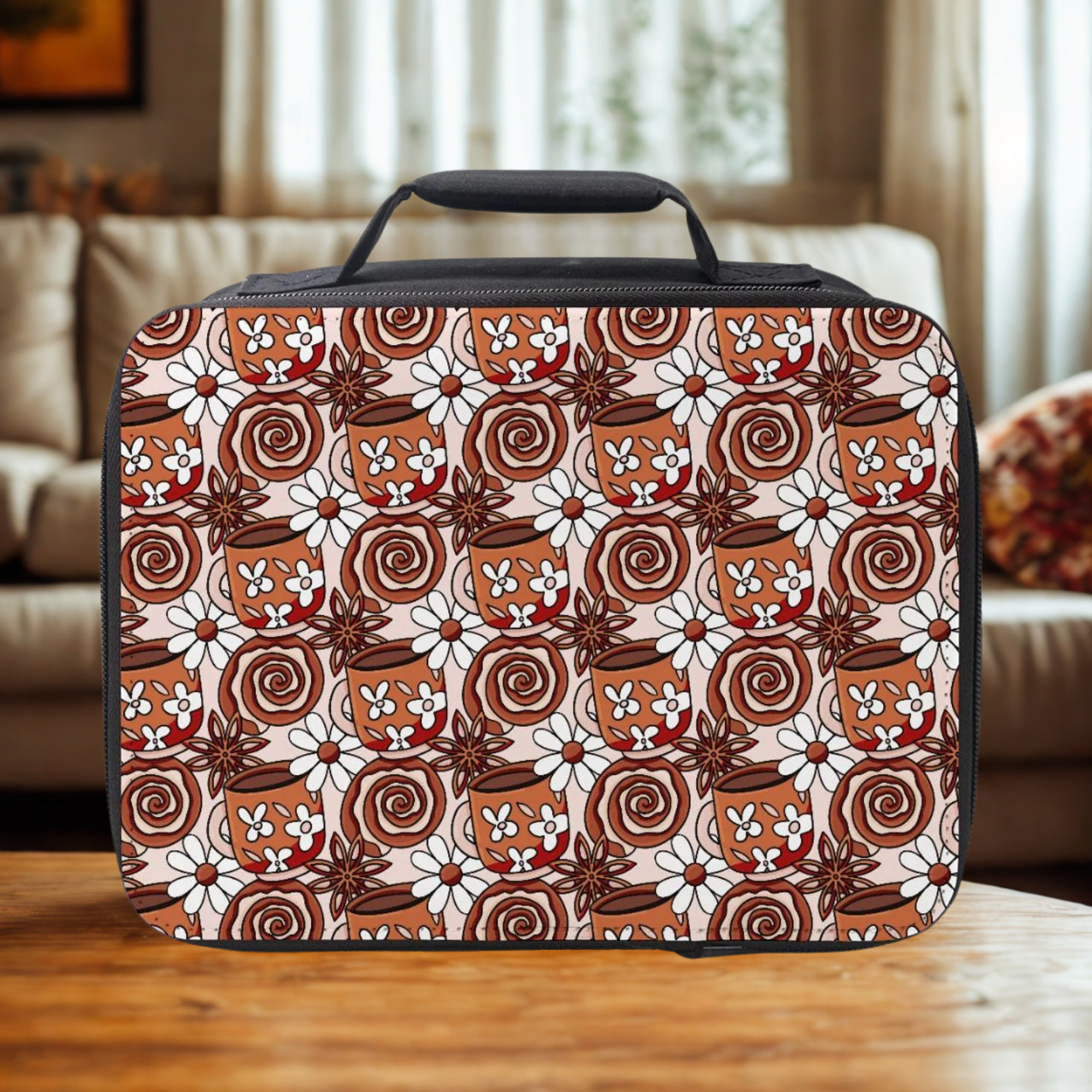  insulated lunch bag with brown and white  pattern on a wooden table in a living room