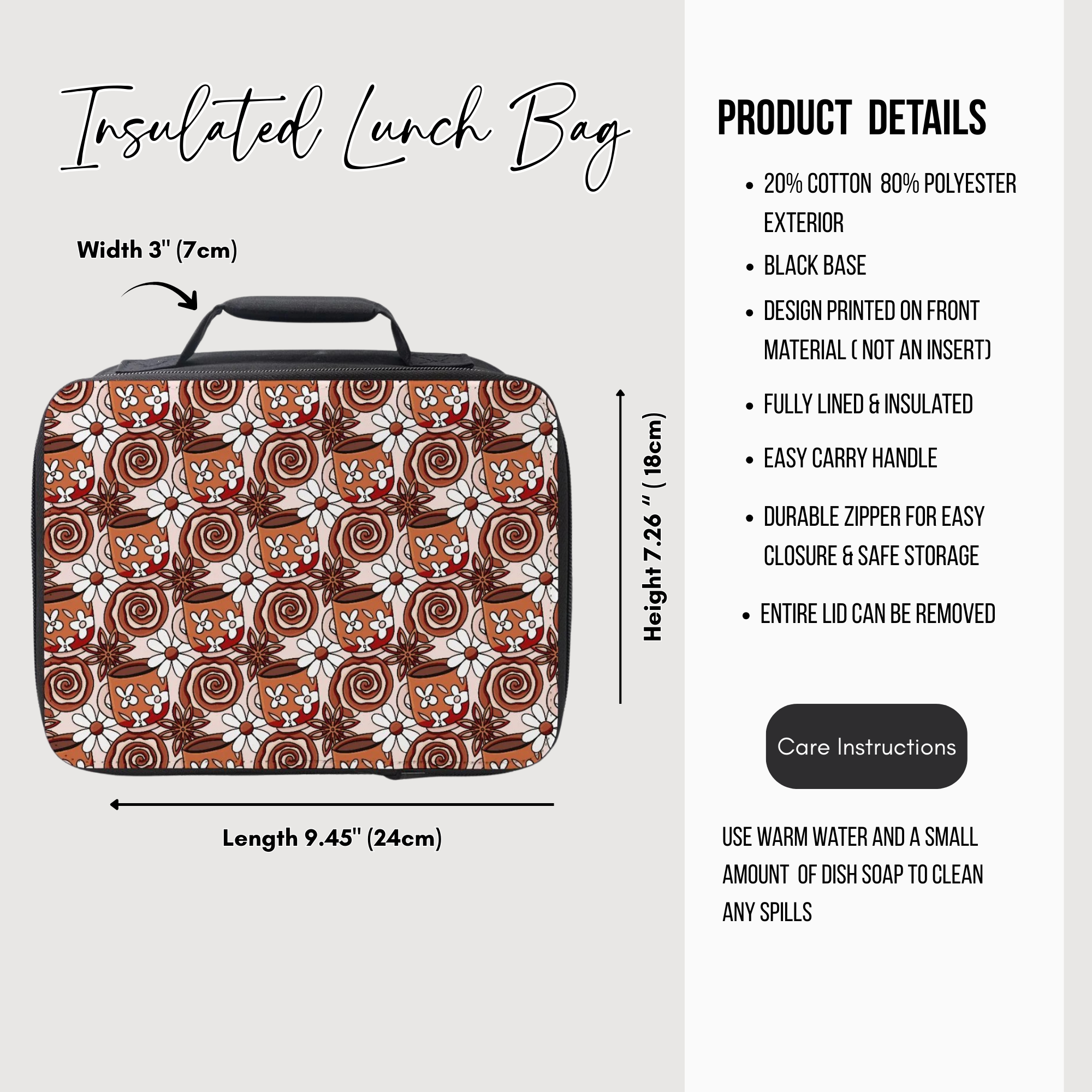 Insulated lunch bag with coffee and cinnamon roll pattern, dimensions, and product details on a white background