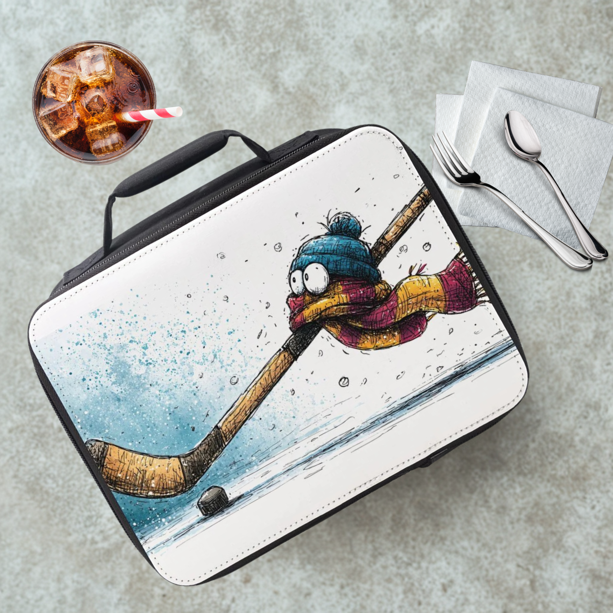  insulated lunch bag with cartoon character hockey stick on a cafeteria table with a drink and utensils.