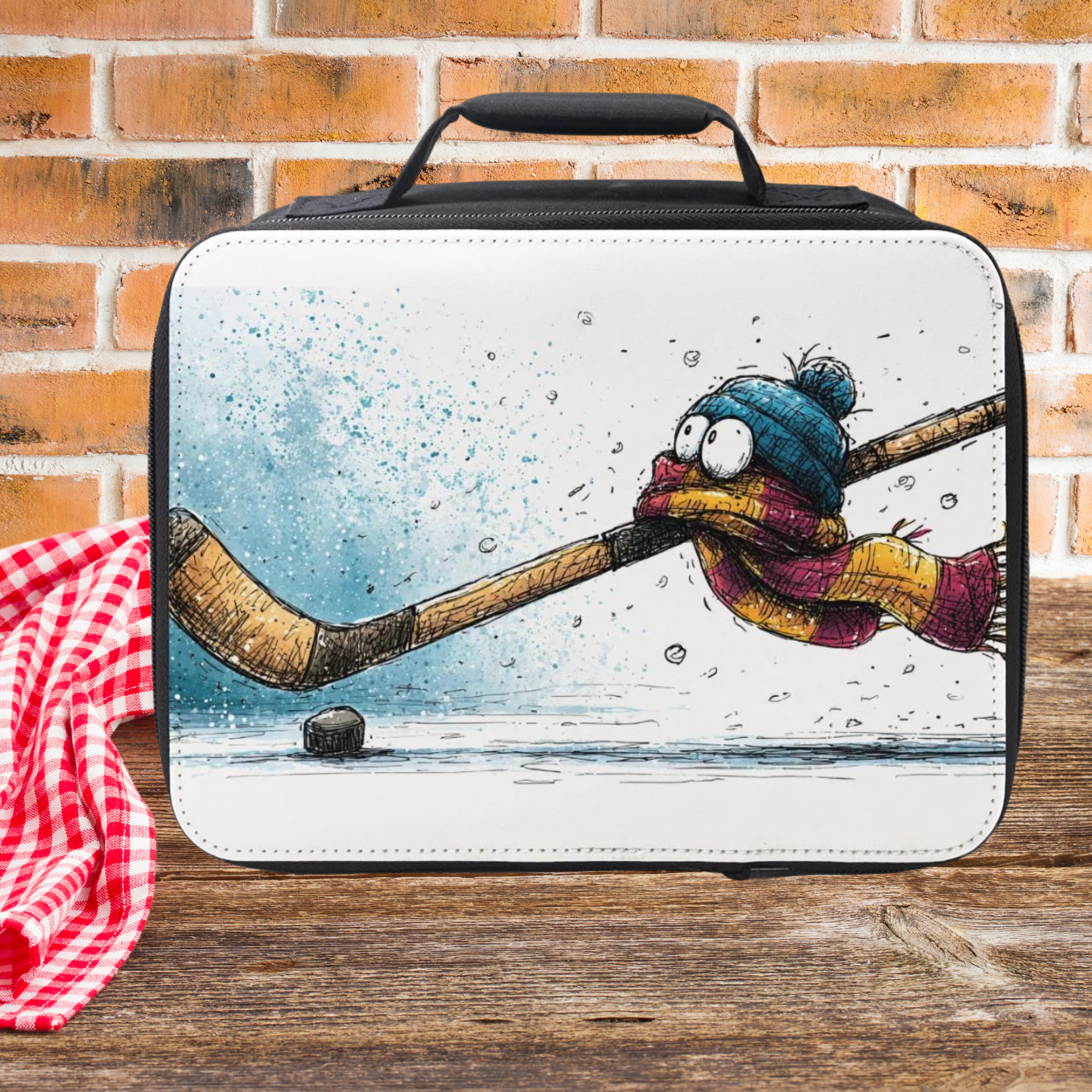  insulated lunch bag with hockey design on a wooden picnic table with a brick wall background