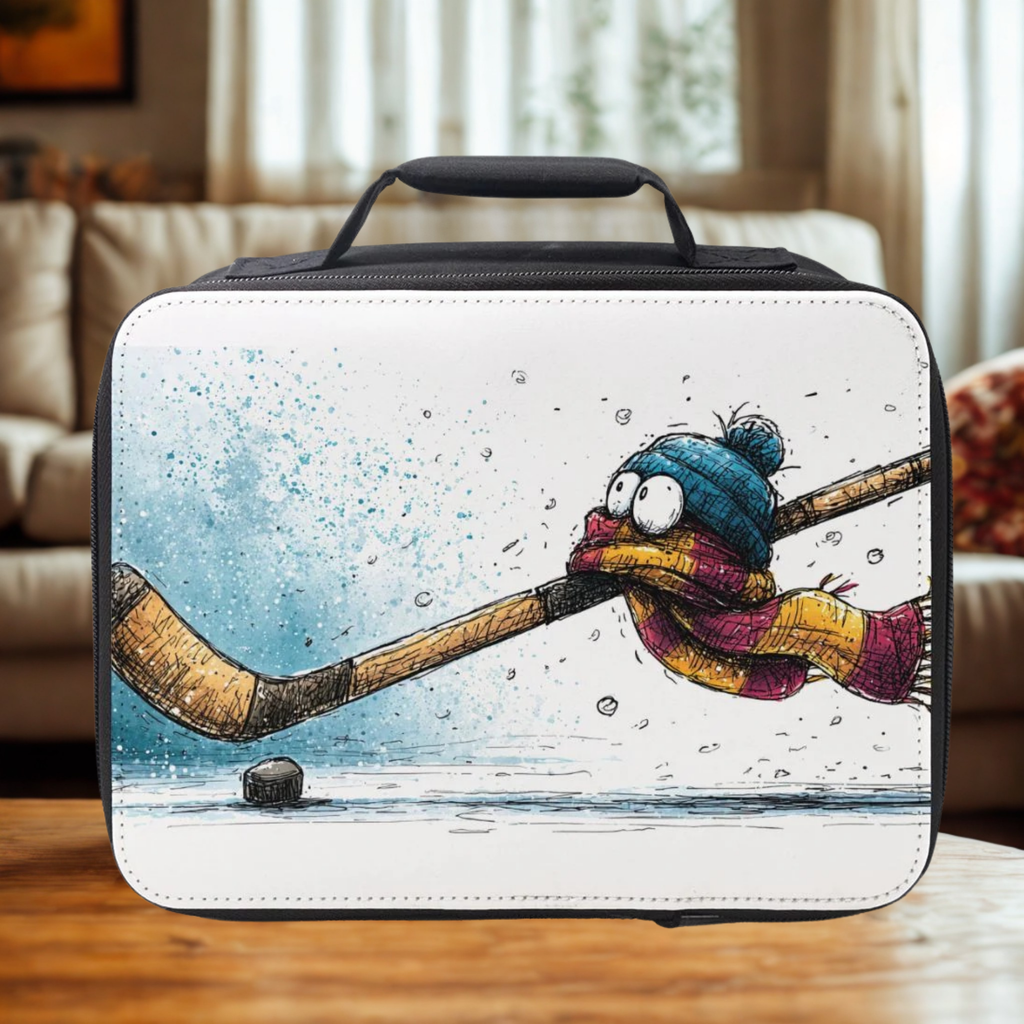  insulated lunch bag with cartoon character hockey stick design on a wooden table in a living room