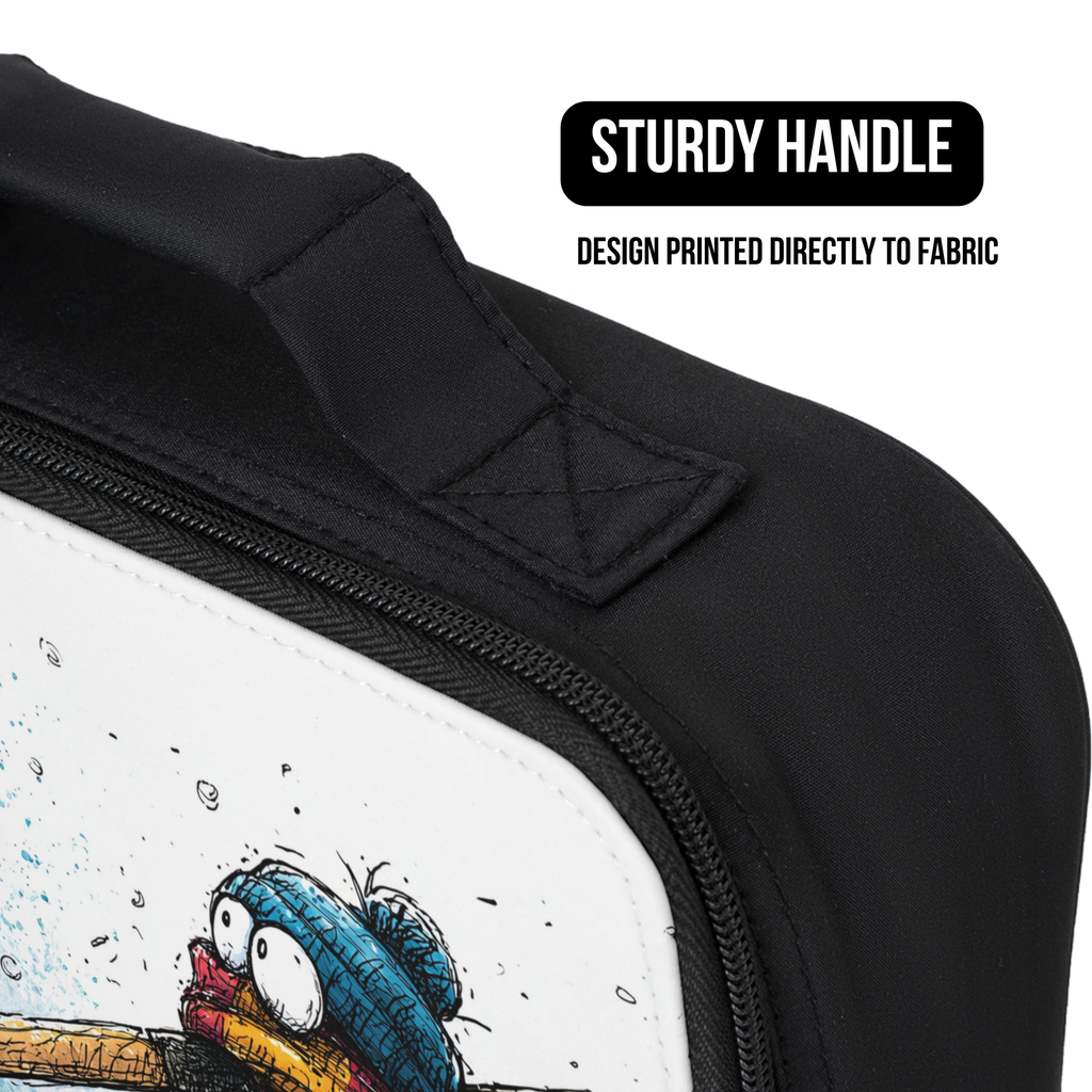 Black lunch bag with a design printed directly to fabric on a white background