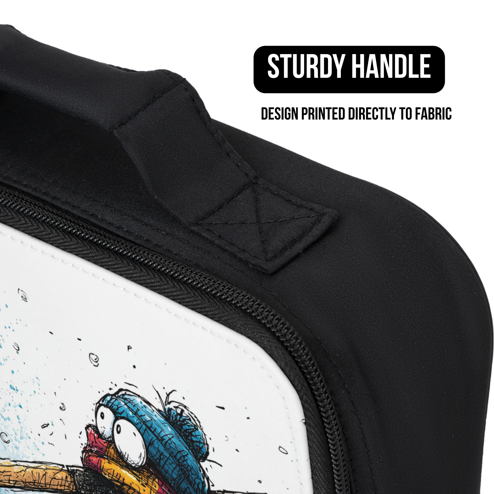 Black lunch bag with a design printed directly to fabric on a white background