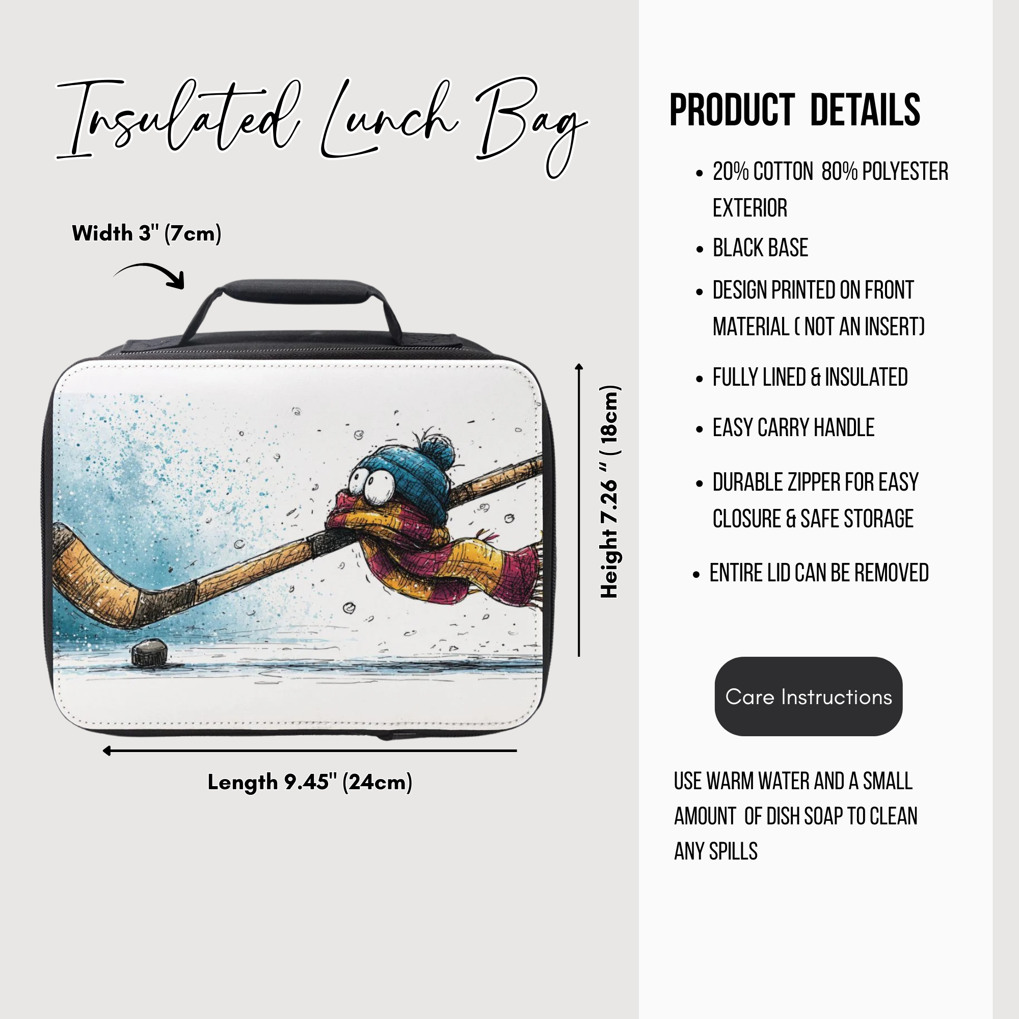 Insulated lunch bag with hockey-themed design and product details on a white background