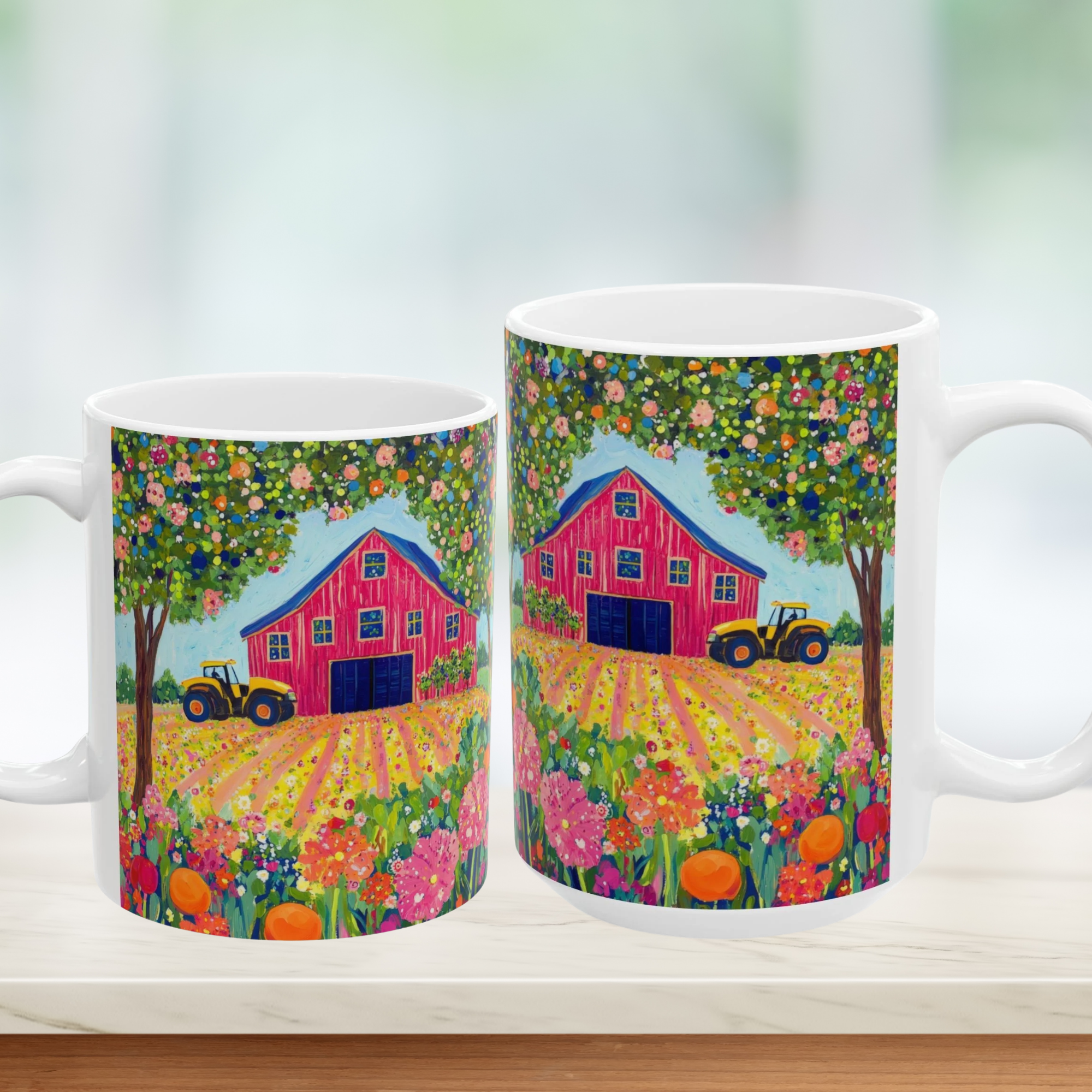 Two mugs with a colorful design of a red barn, tractors, and flowers on a white background.