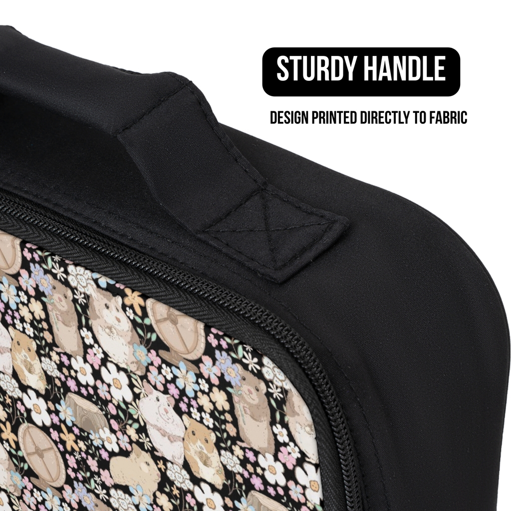 Black lunch bag with floral pattern and 'Sturdy Handle' text on a white background