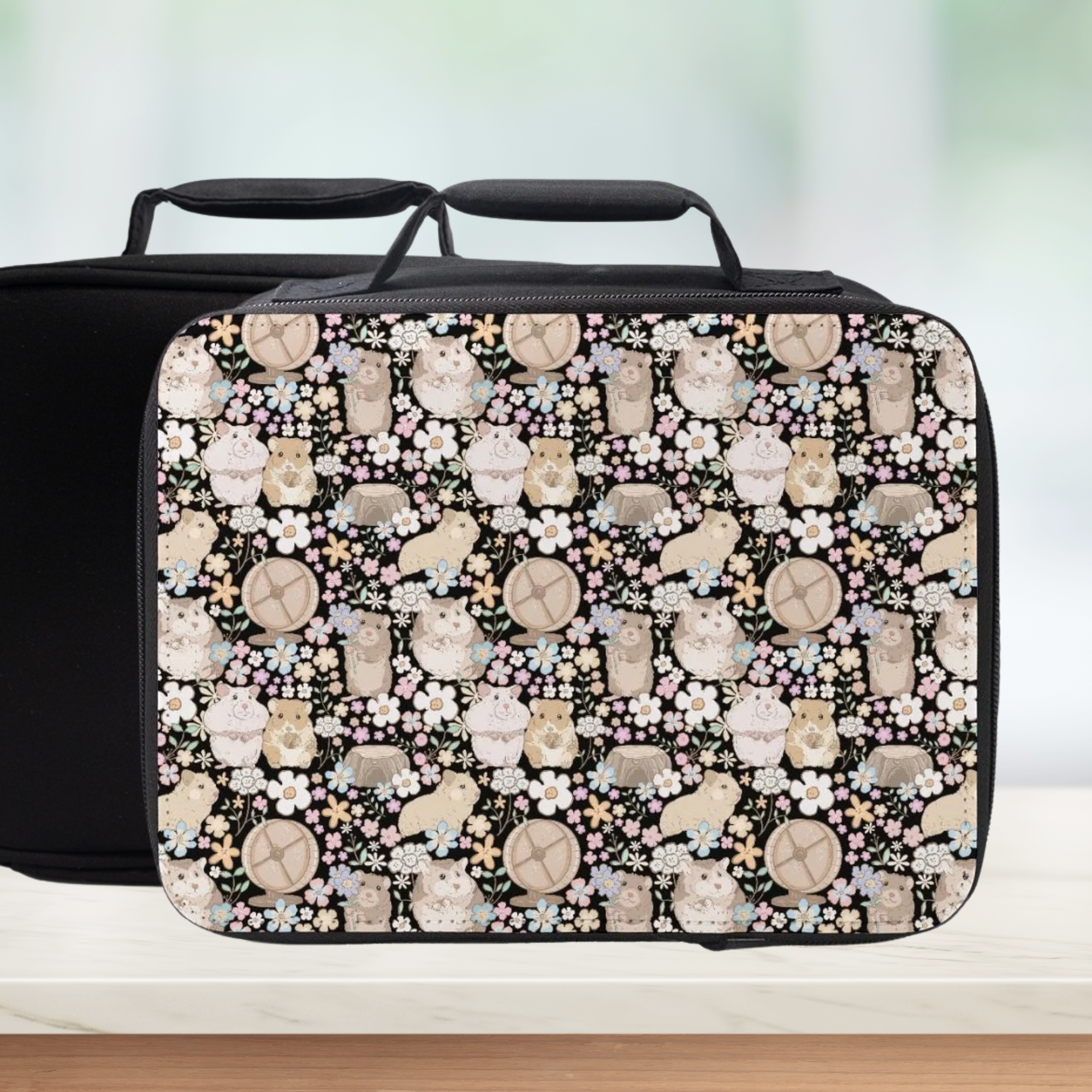 Lunch Bag with hamster floral-themed design on a white surface