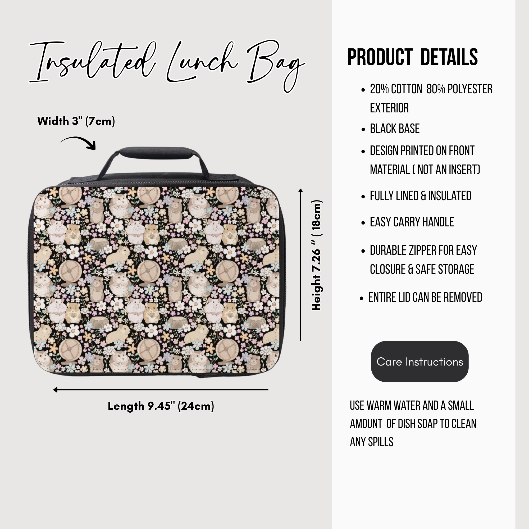 Insulated lunch bag with floral pattern, dimensions, and product details on a white background