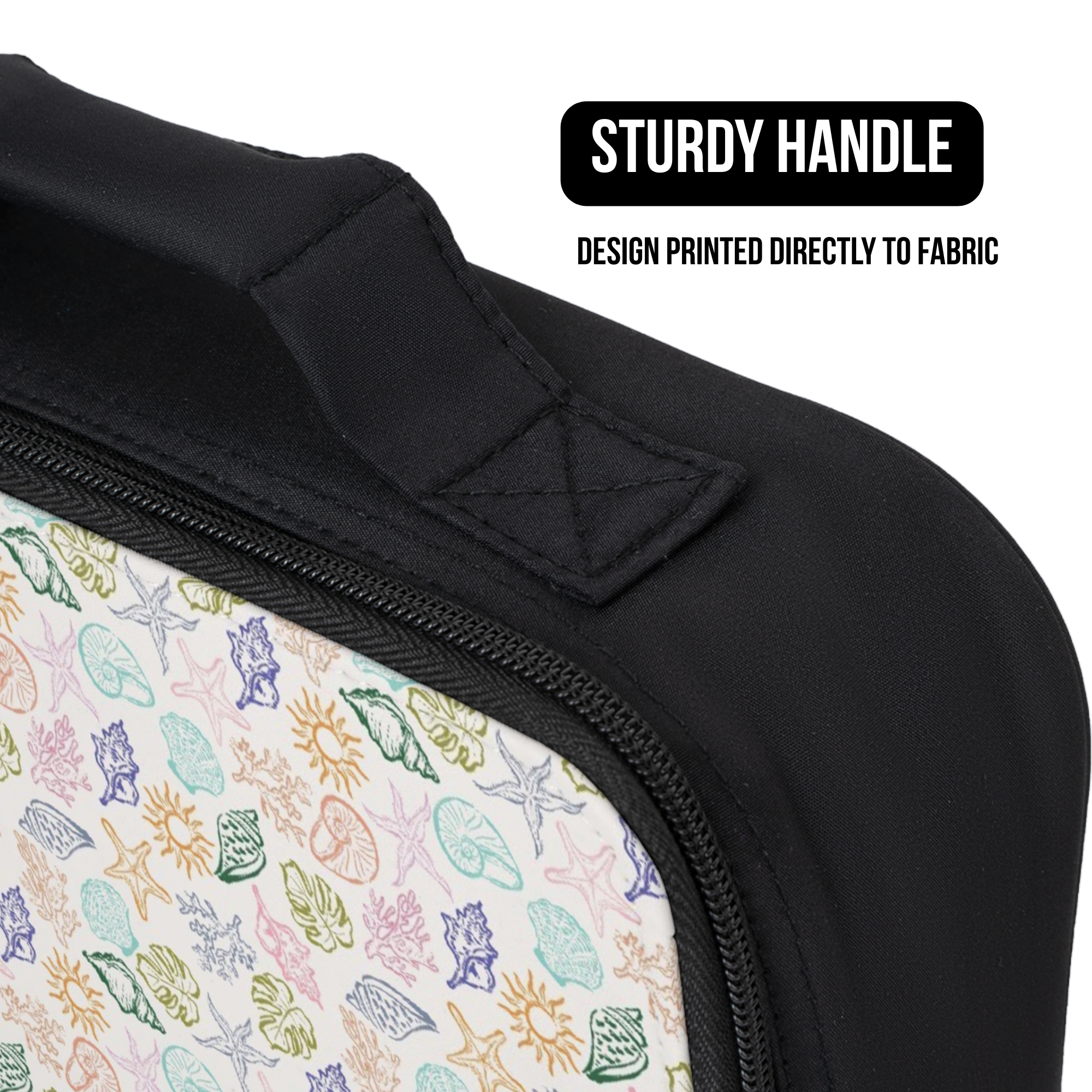 Black bag with a colorful shell pattern and a sturdy handle, featuring text about design printing.