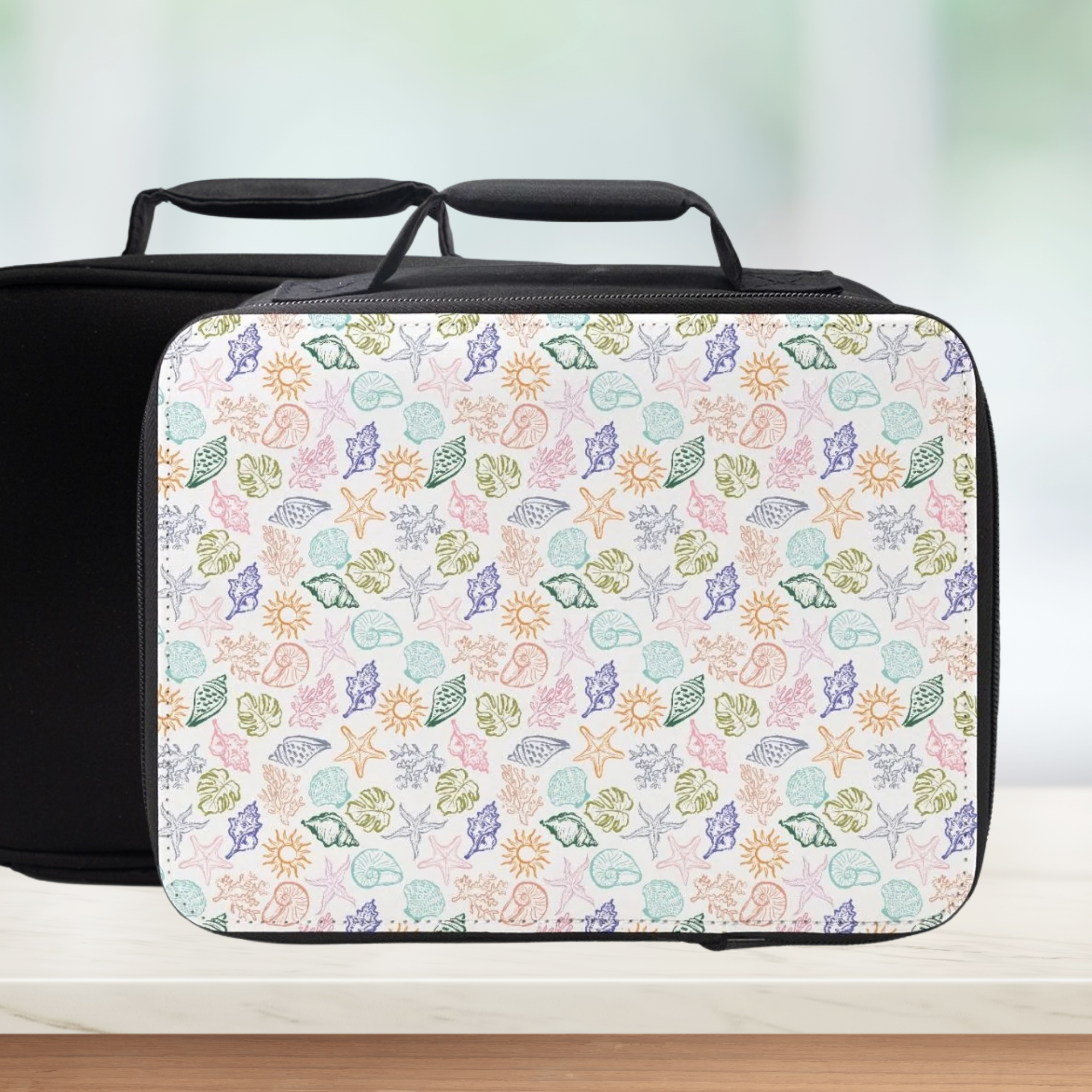 Lunch bag with a colorful shell pattern on a white background