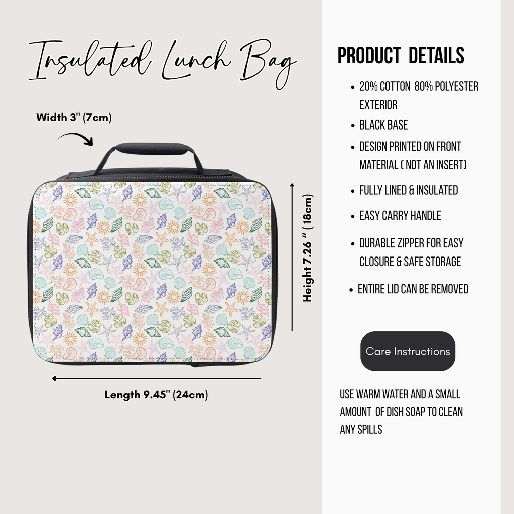 Insulated lunch bag with colorful sea shell pattern and product details on a white background