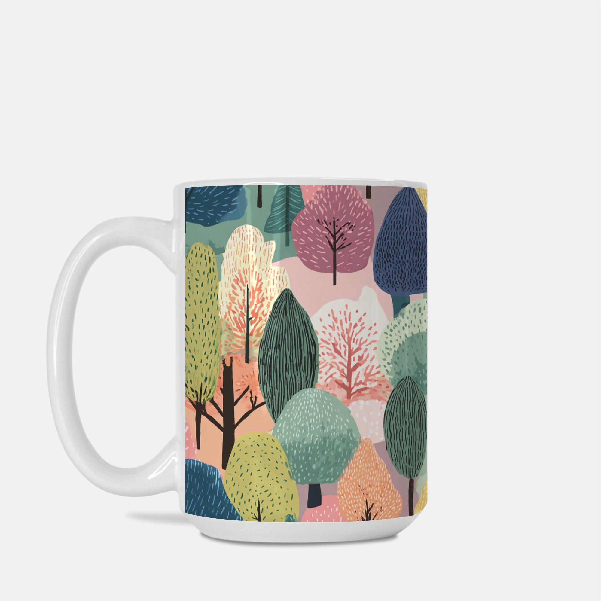 Mug with colorful forest design on a white background