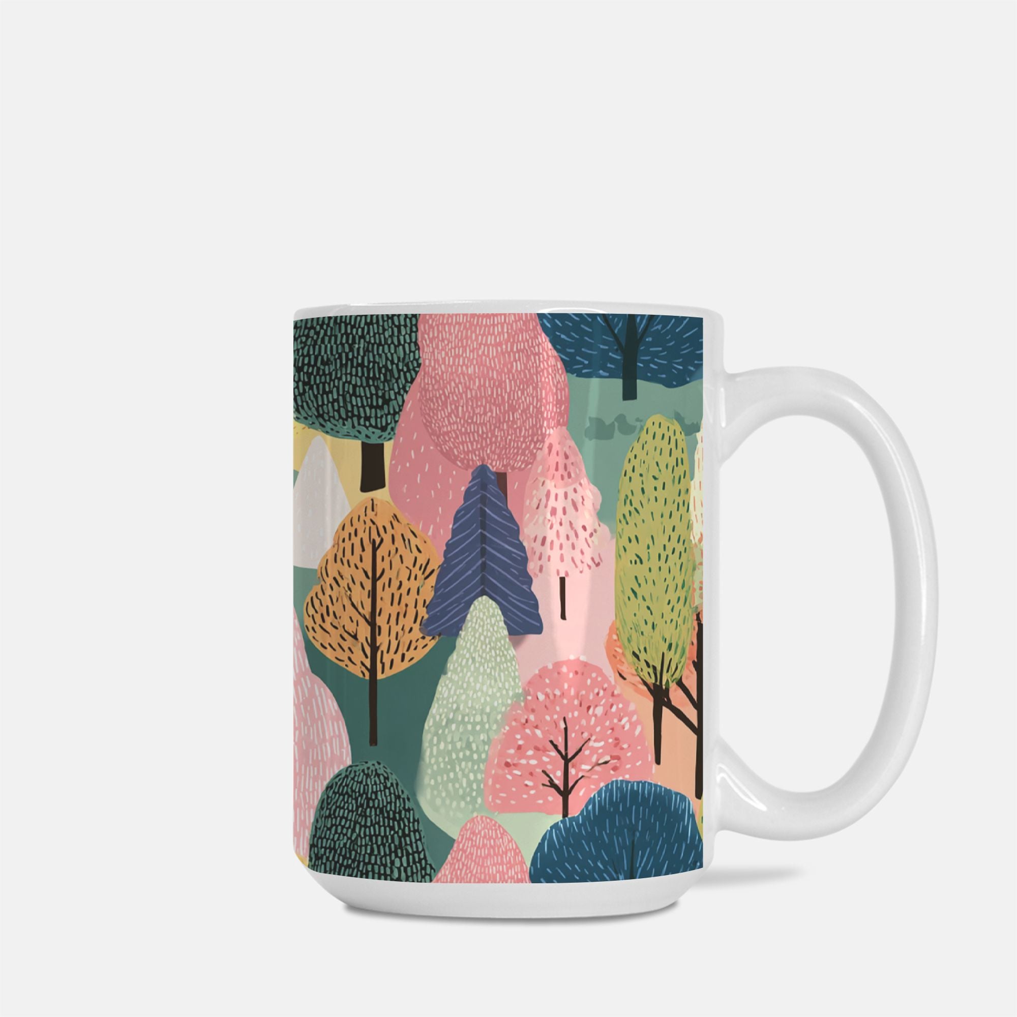 Mug with colorful forest design on a white background