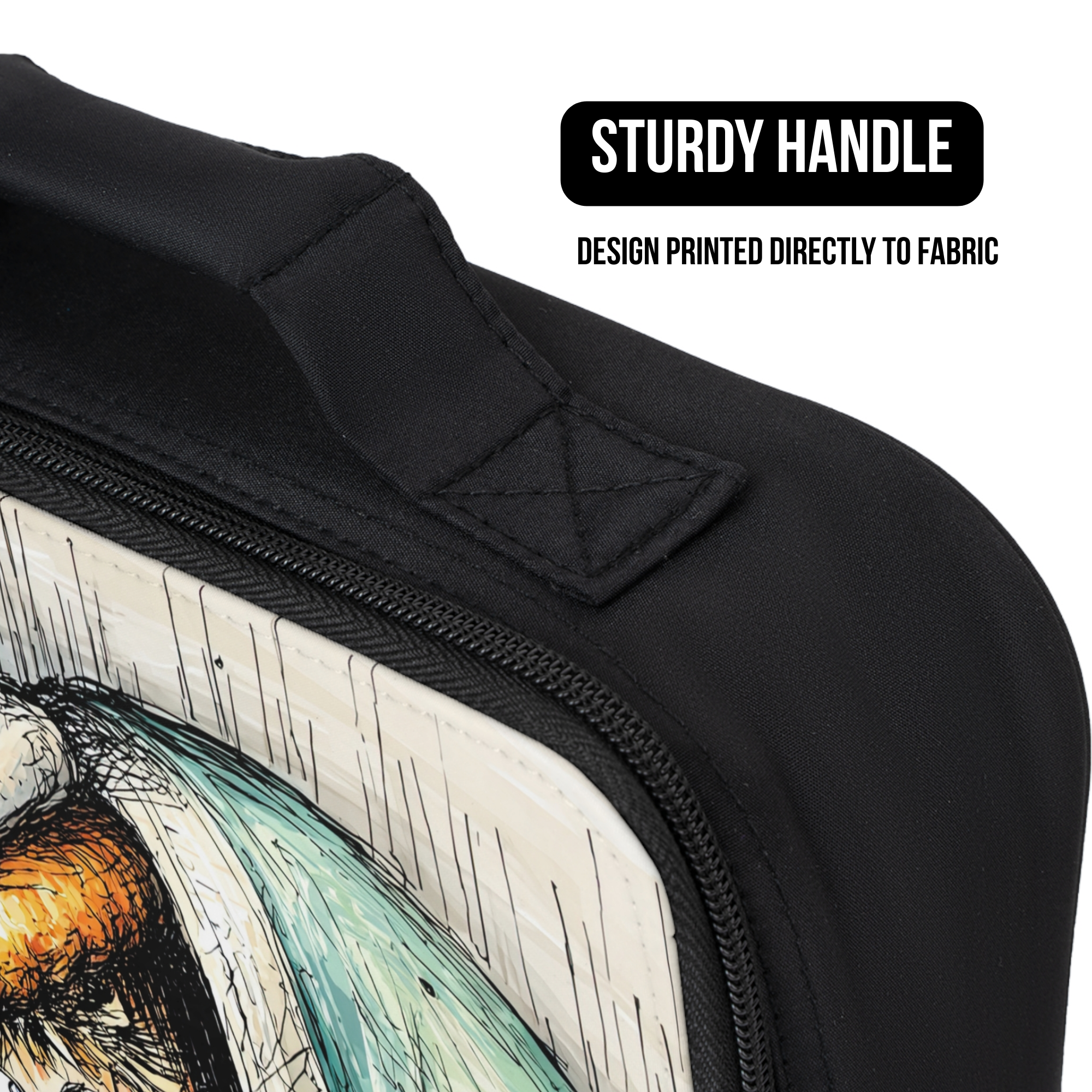 Black lunch bag with a design printed directly to fabric and a sturdy handle.