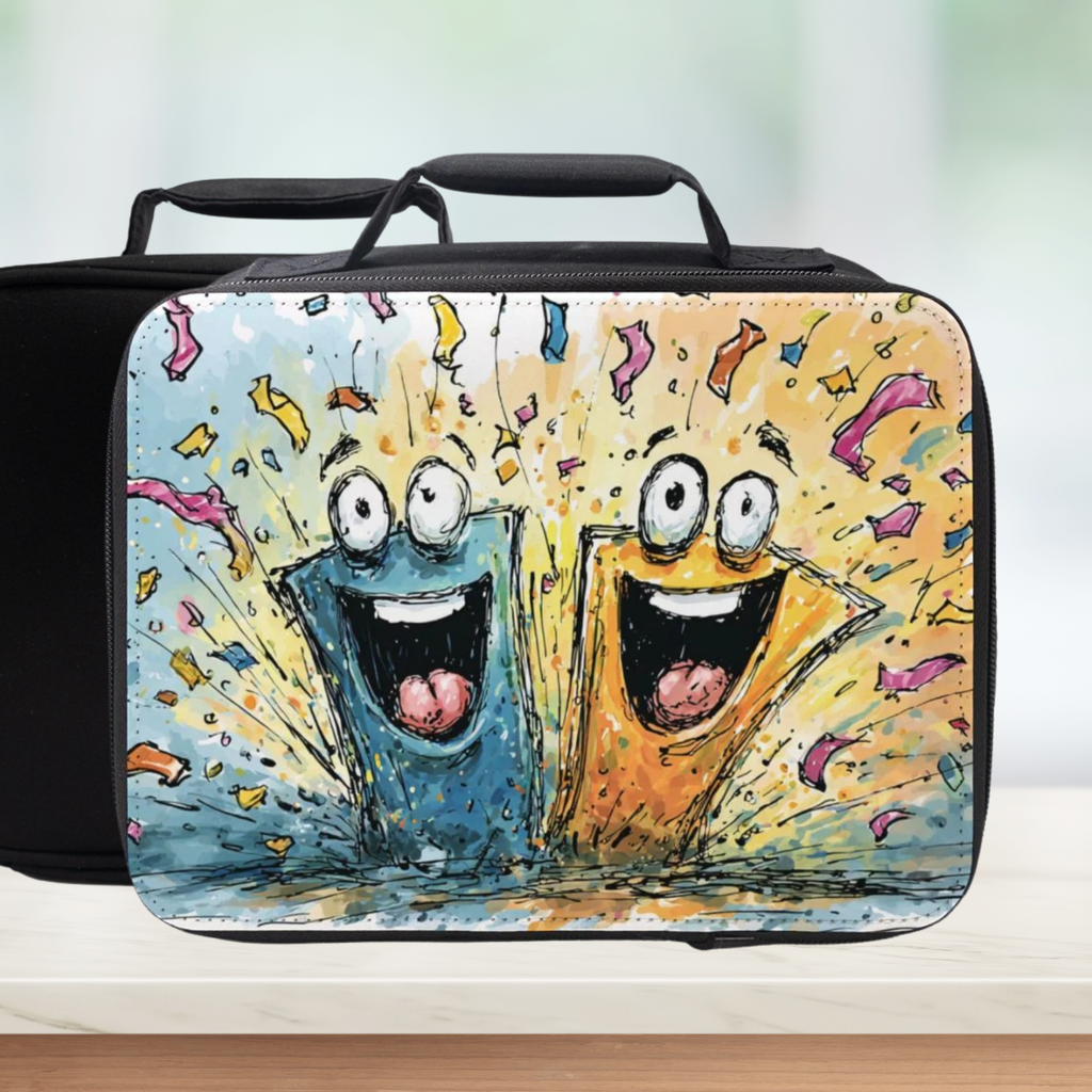  insulated lunch bag with cartoon characters on a wooden surface