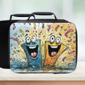  insulated lunch bag with cartoon characters on a wooden surface