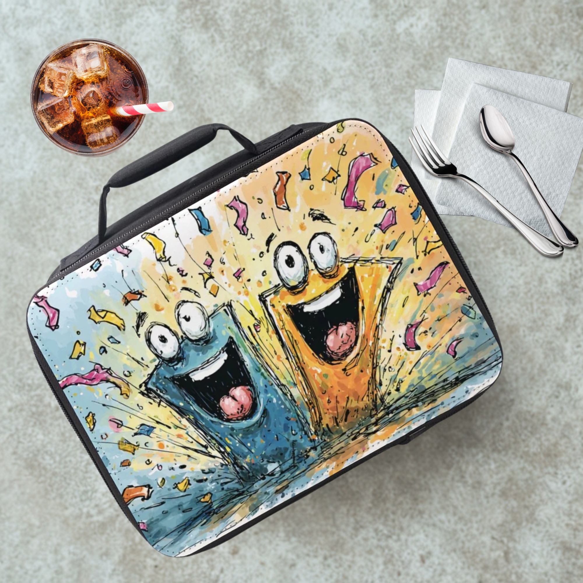 Colorful lunch bag with cartoon characters on a cafeteria table with a drink and utensils.
