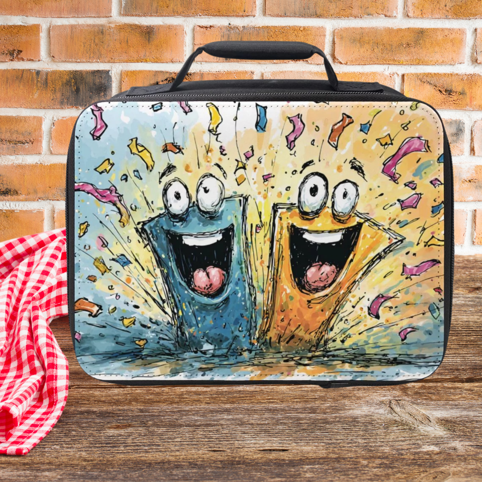 Colorful lunch bag with cartoon characters on a picnic table against a brick wall background