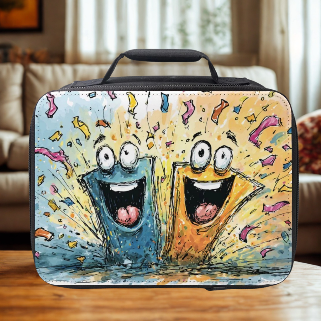  insulated lunch bag with cartoon characters on a wooden table in a living room
