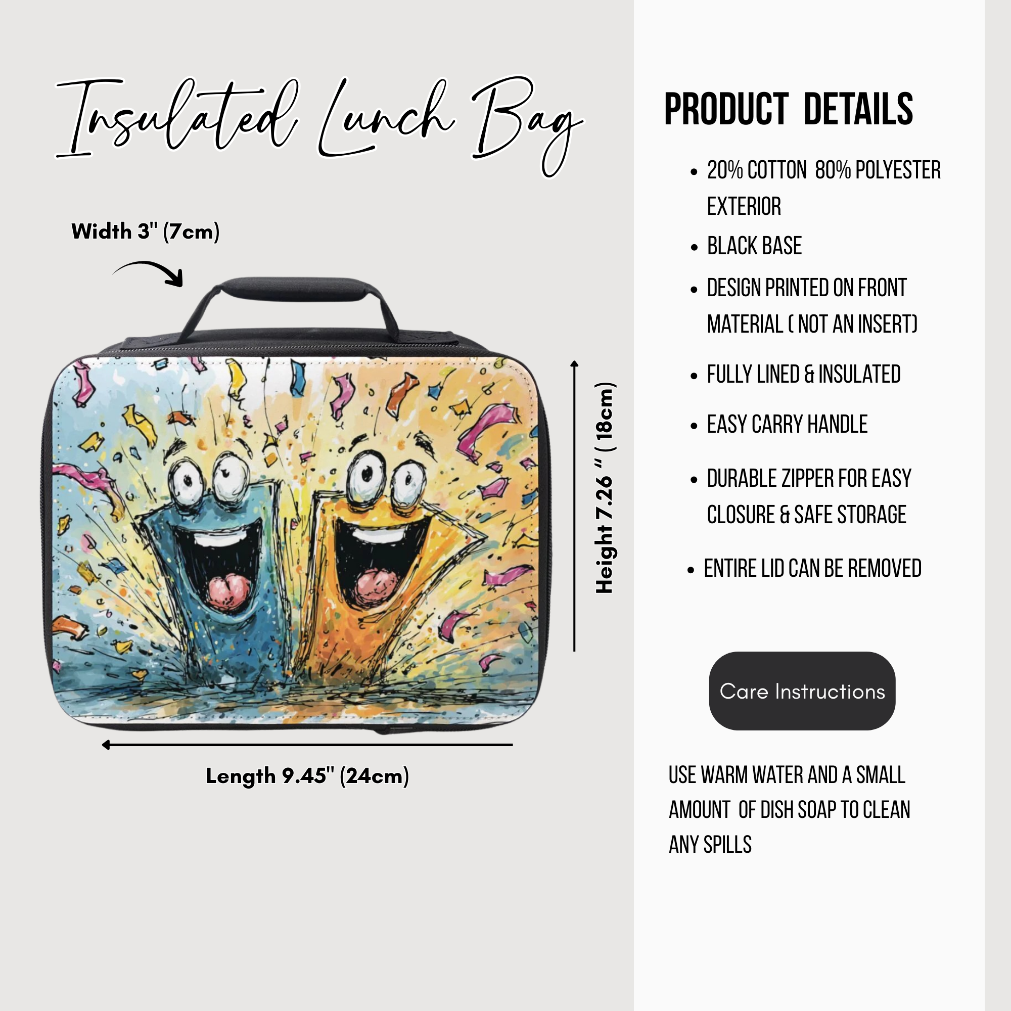 Insulated lunch bag with cartoon design and product details on a white background