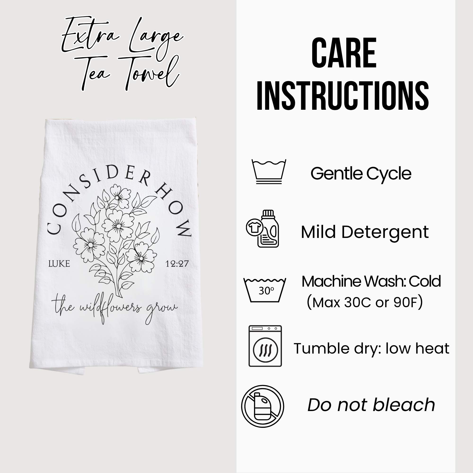 White tea towel with floral design and care instructions on a white background
