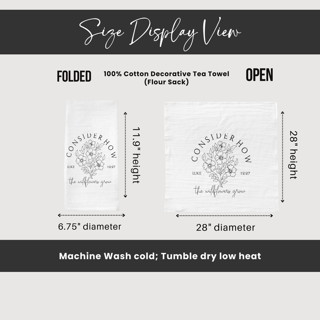 Size display view of a decorative tea towel with measurements and care instructions.