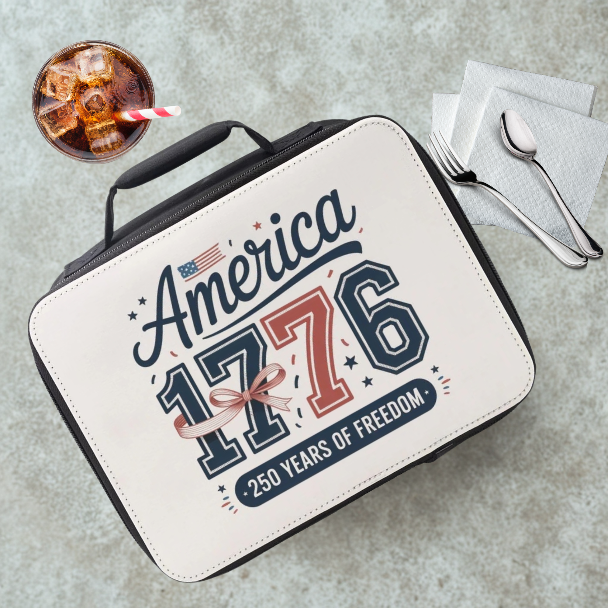  insulated lunch bag with coquette bow 'America 1776' design on a cafeteria table with a drink and utensils.