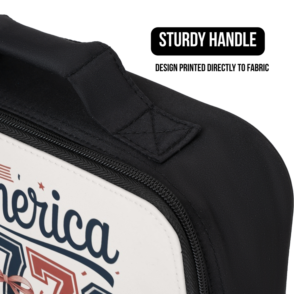 Black lunch bag with 'America' design and sturdy handle feature