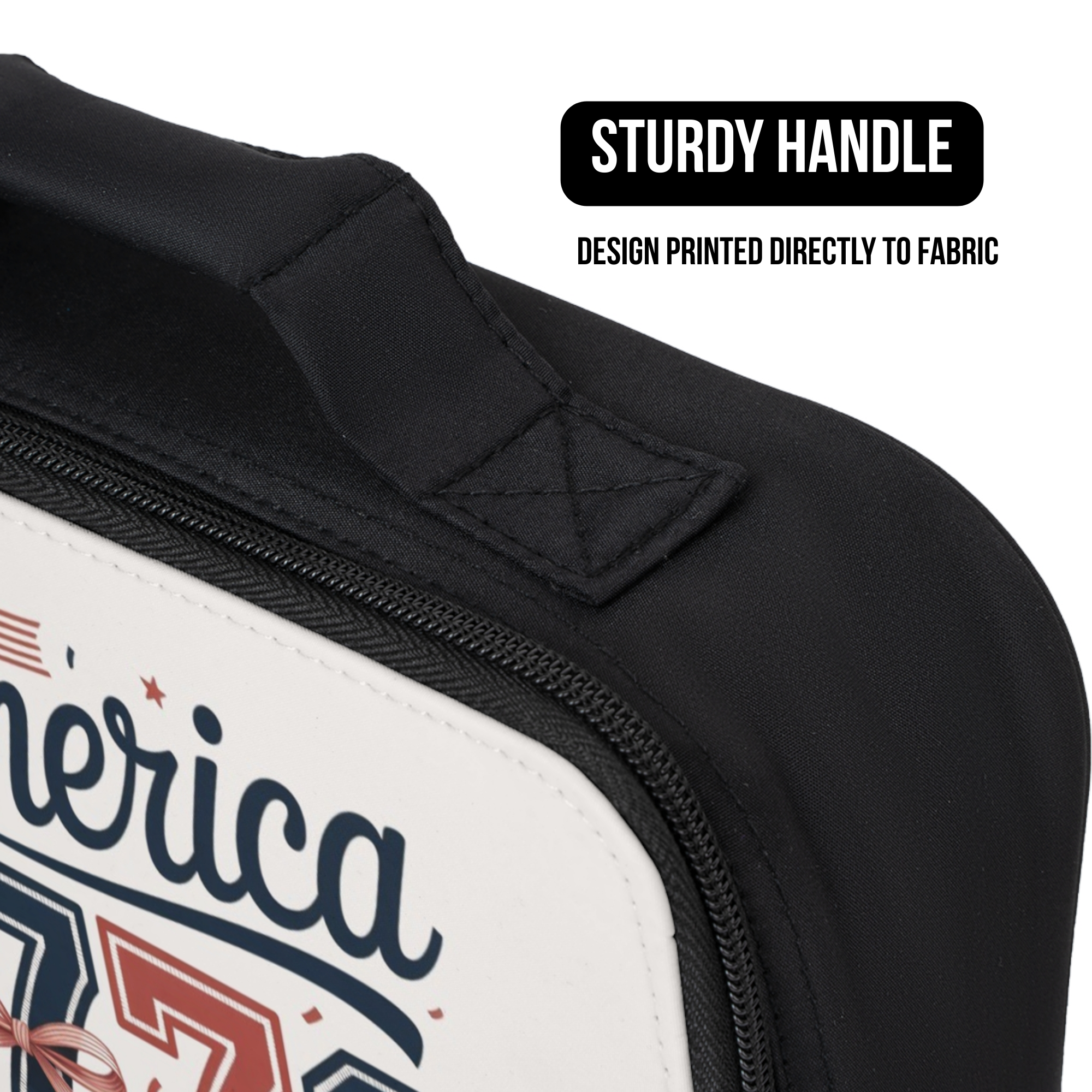 Black lunch bag with 'America' design and sturdy handle feature