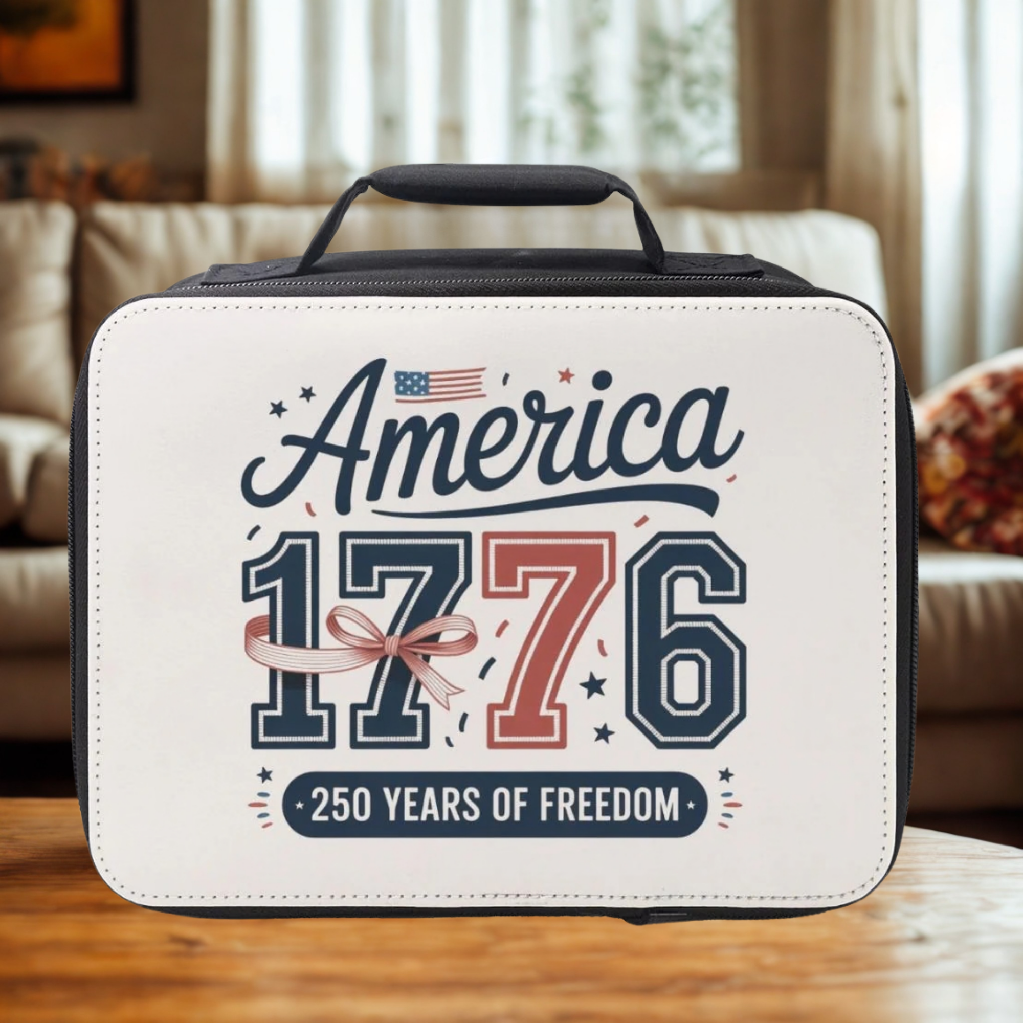 Insulated lunch bag with 'America 1776' design on a wooden coffee table in a cozy living room.