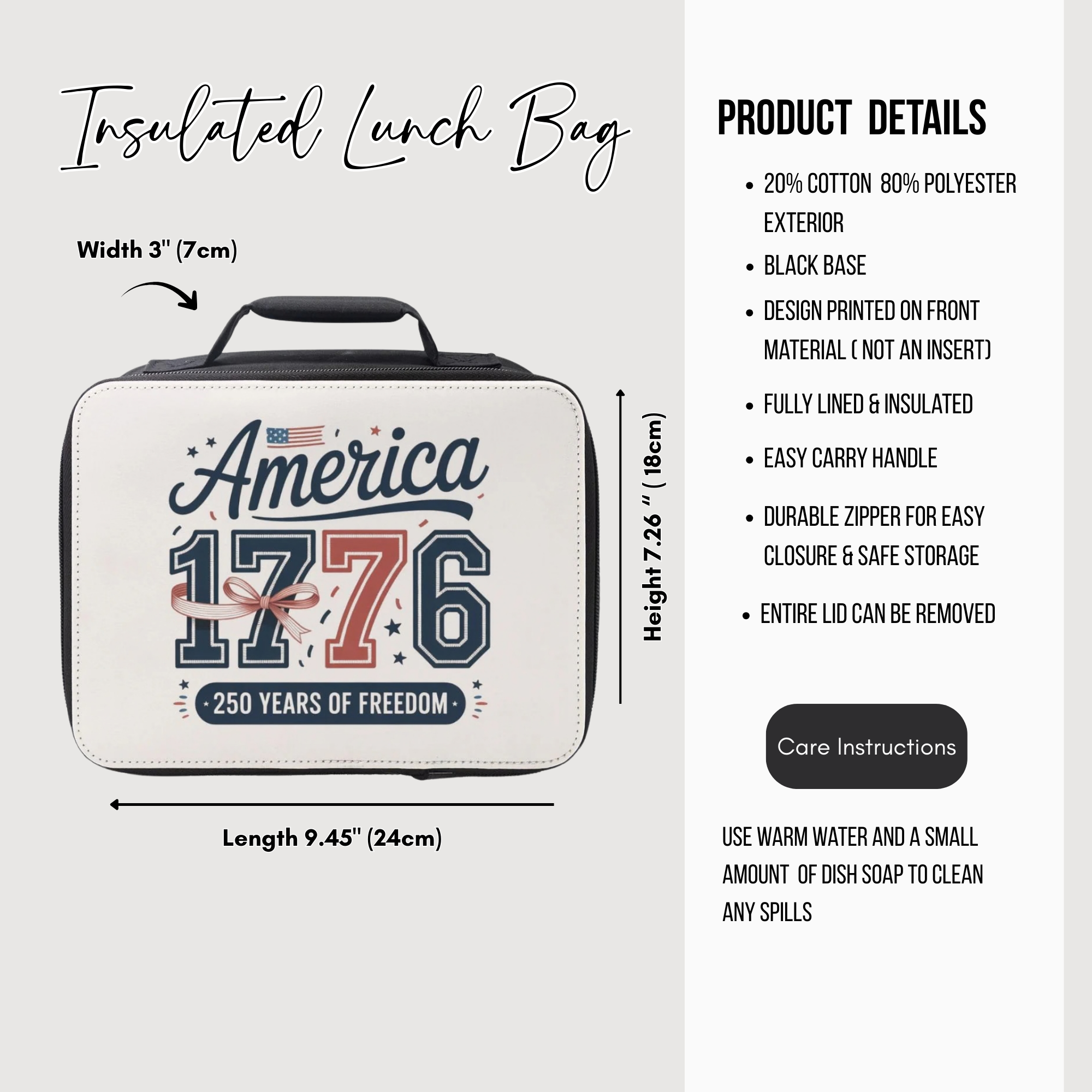 Insulated lunch bag with 'America 1776' design and product details on a white background