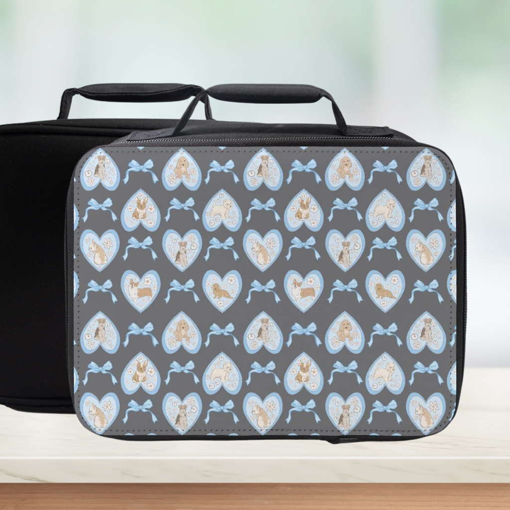 Lunch bag with heart and dog pattern on a gray background