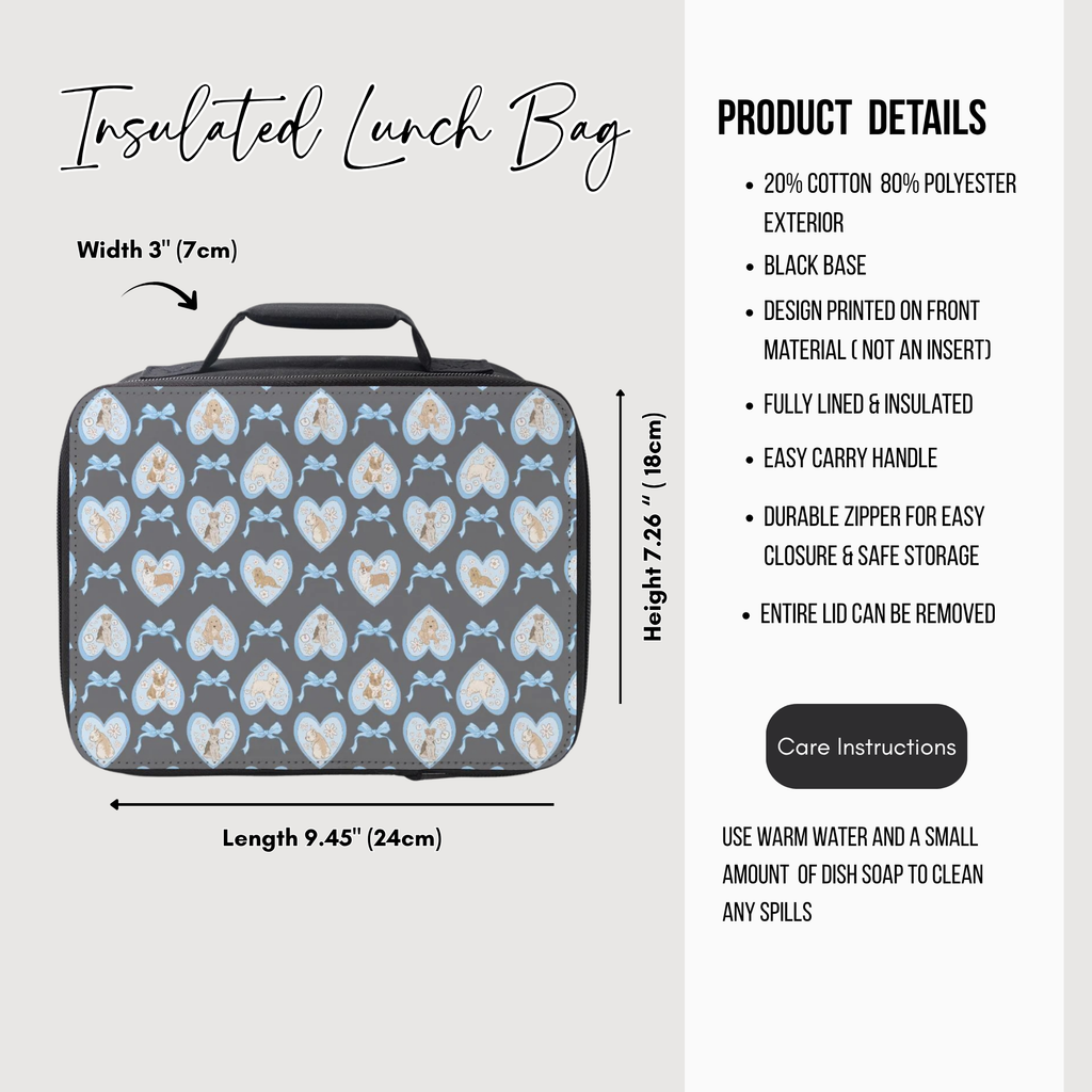 Insulated lunch bag with hearts, dogs, and bows pattern, product details on the right
