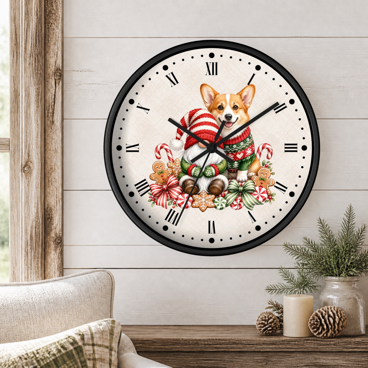 A round wall clock with a black frame and a festive Christmas dog illustration on the face, mounted on a white wood paneled wall above a wooden table with candles and pine branches.